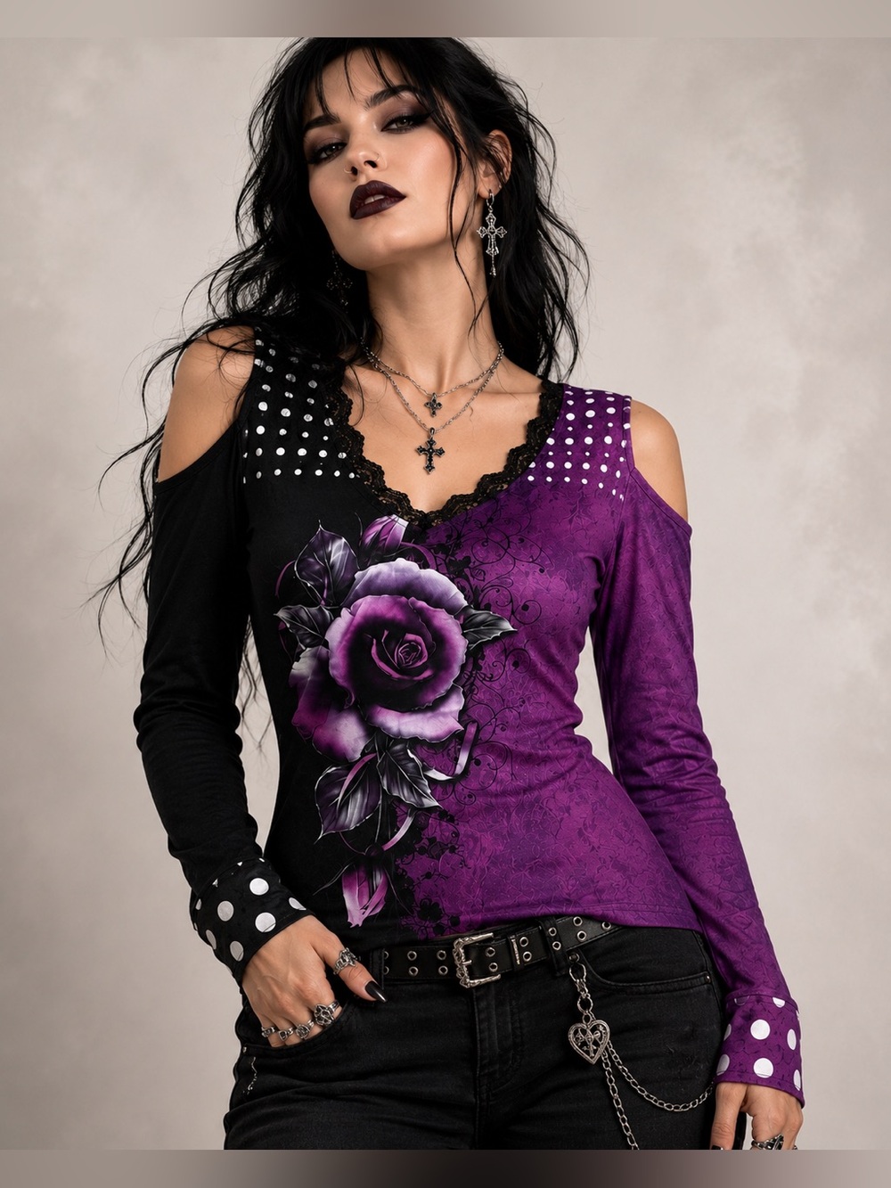 Sz S Gothic Purple Black Floral Rose Cold Shoulder Long Sleeve Blouse Top